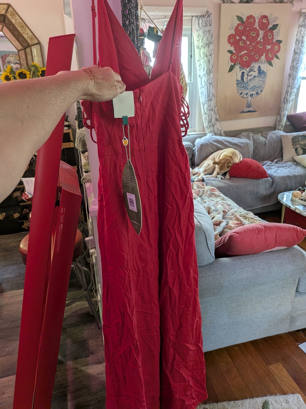 FARM Rio Scarlet Red V-Neck Maxi Dress with Side Lace-Up - Picture 2 of 4